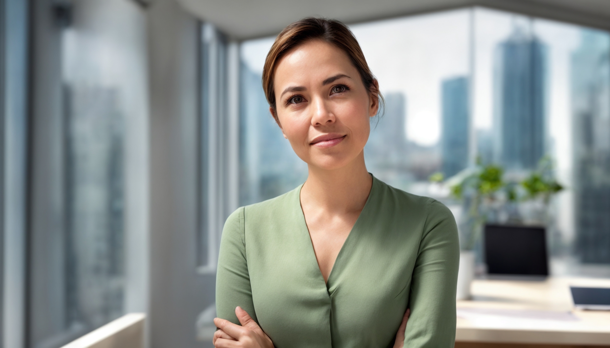 Profesional perempuan menganalisis rencana transisi energi dan dokumen ESG di meja kerja modern
