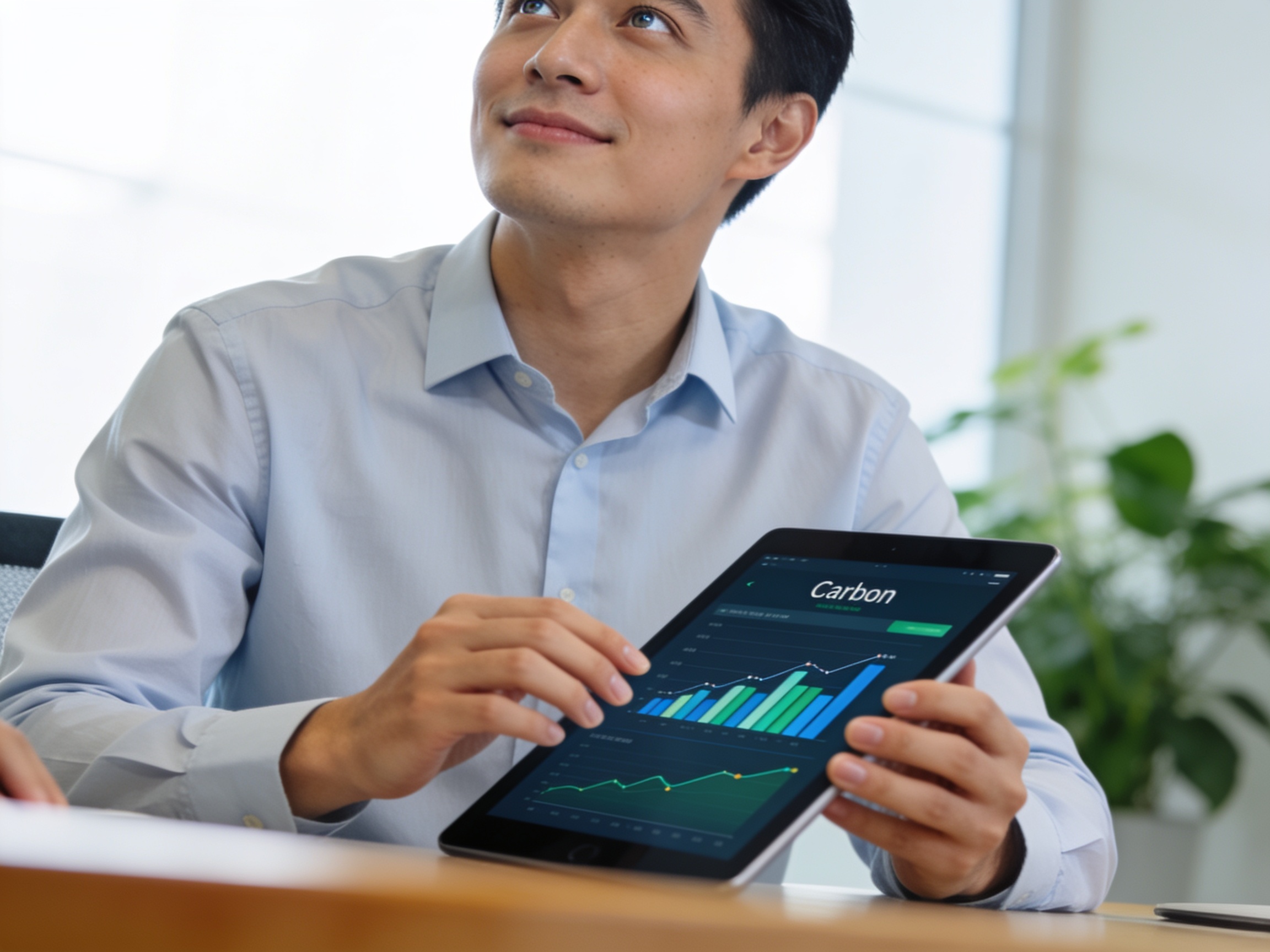 Seorang analis keberlanjutan memeriksa data lingkungan di tablet di kantor modern.