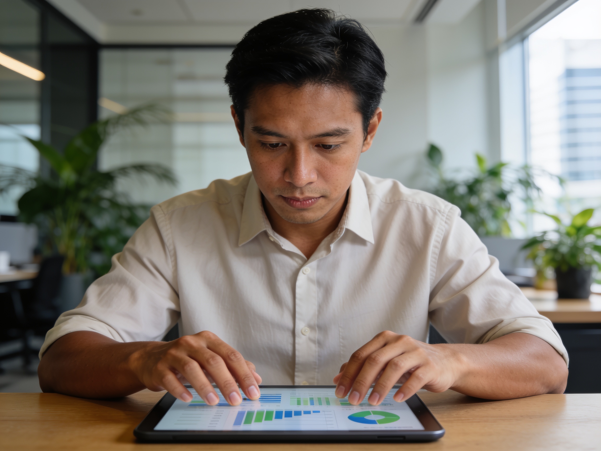 Manajer keberlanjutan Indonesia menganalisis data ESG di tablet kantor modern