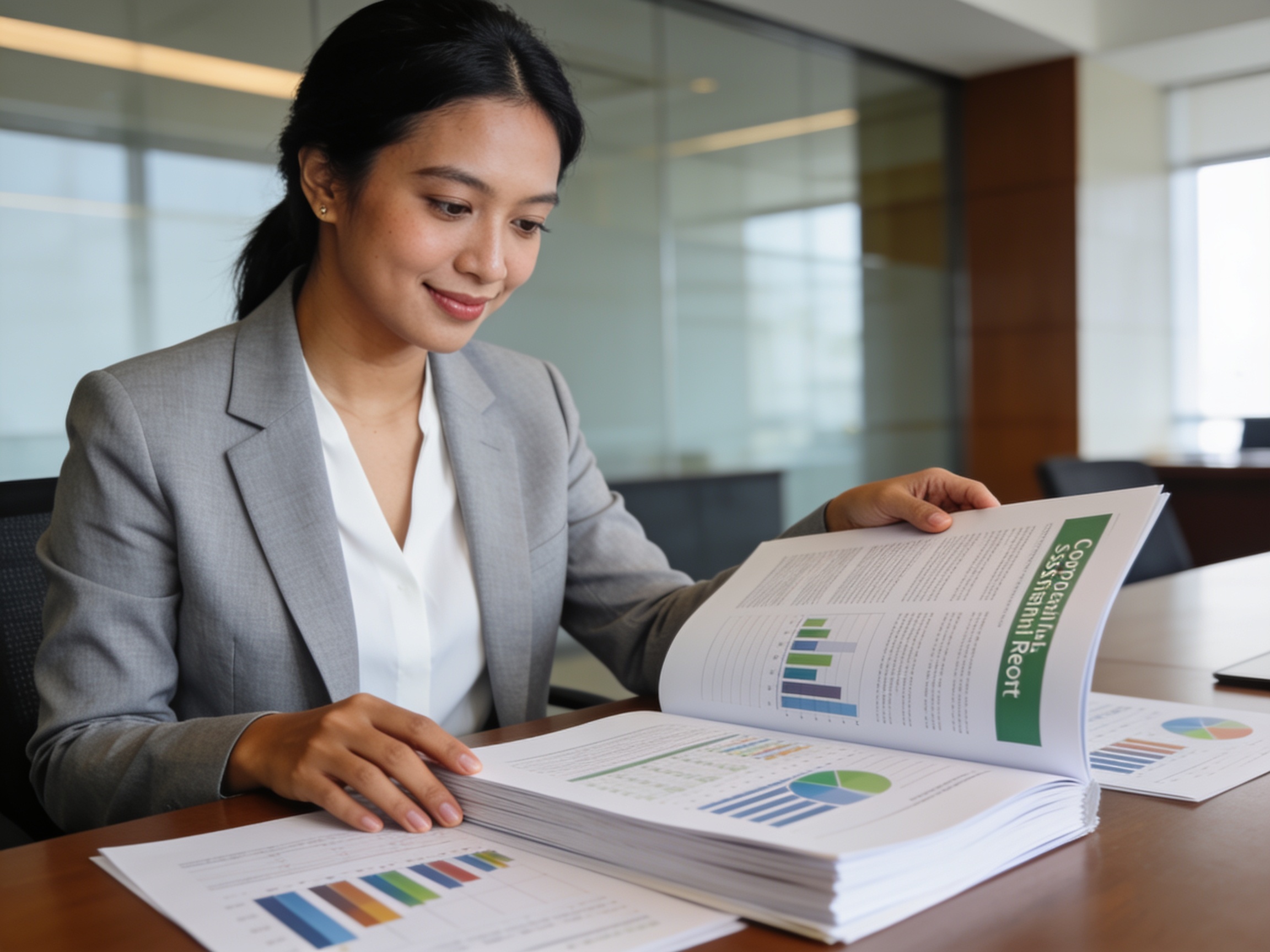Profesional Indonesia memeriksa laporan keberlanjutan esg perusahaan di ruang direksi