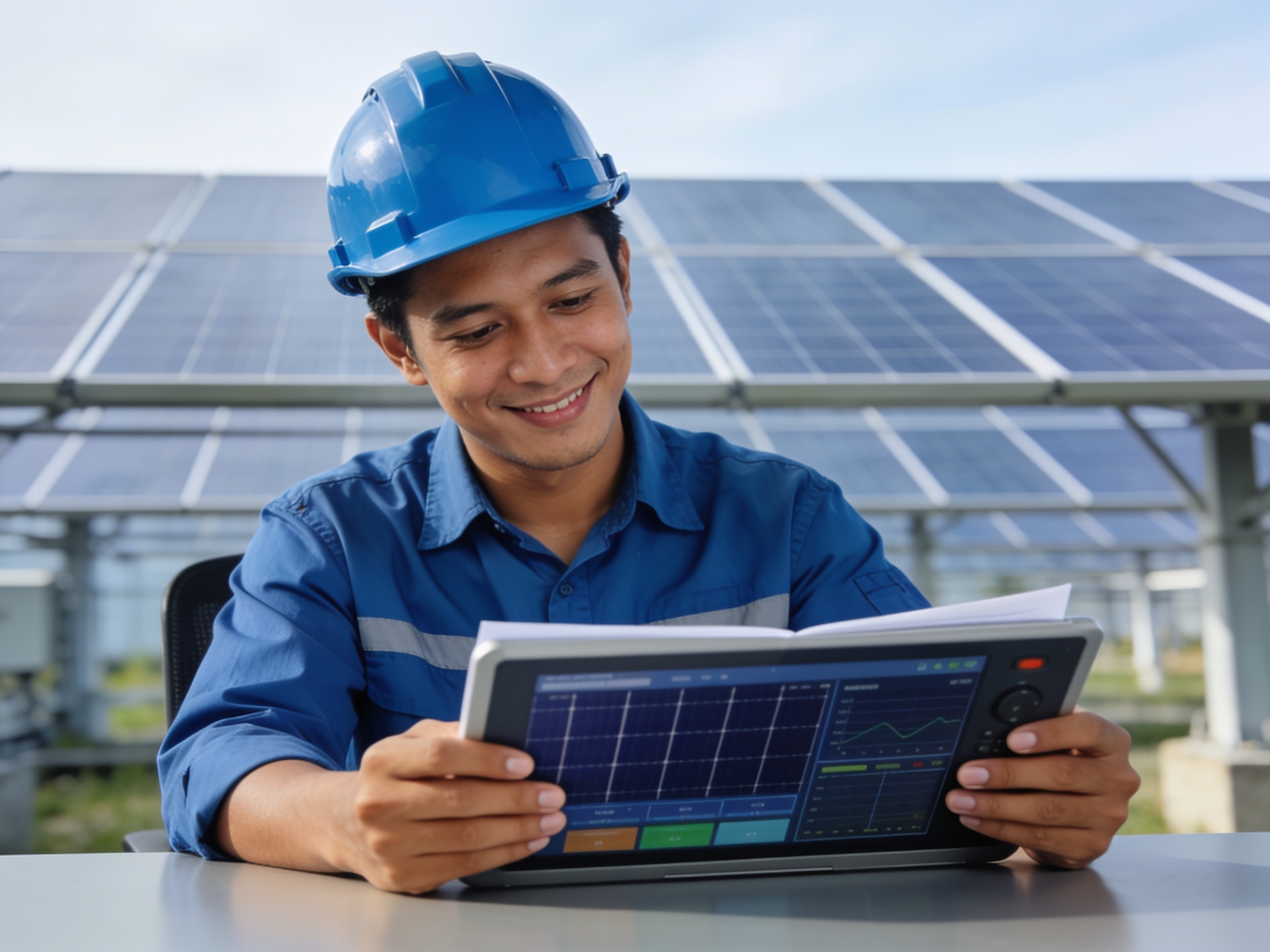 Insinyur Indonesia memeriksa panel monitoring energi surya untuk strategi energi terbarukan perusahaan